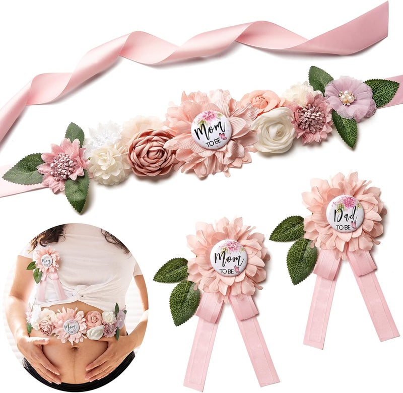 WeddingSteps Baby Shower Maternity Sash Belly Belt-Pink Flower Sash Set Mom to Be & Dad to Be Corsage Pins for Gender Reveal - Image 1